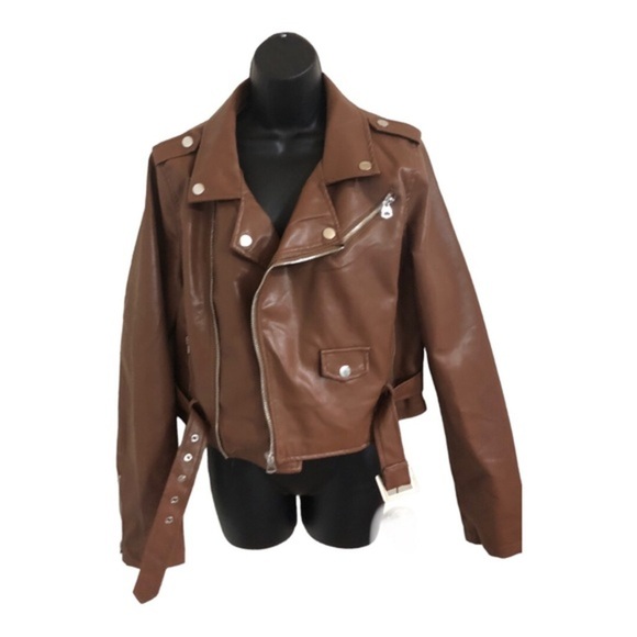 Stoosh brown leather look classic motorcycle biker rocker jacket size XL new - Picture 3 of 15